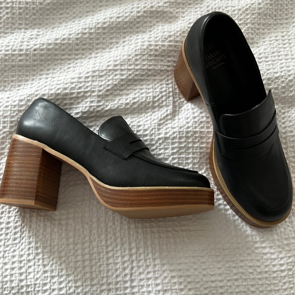 Shop Stevie Black Leather Platform Loafer Mules with Wood-Tone Block Heel